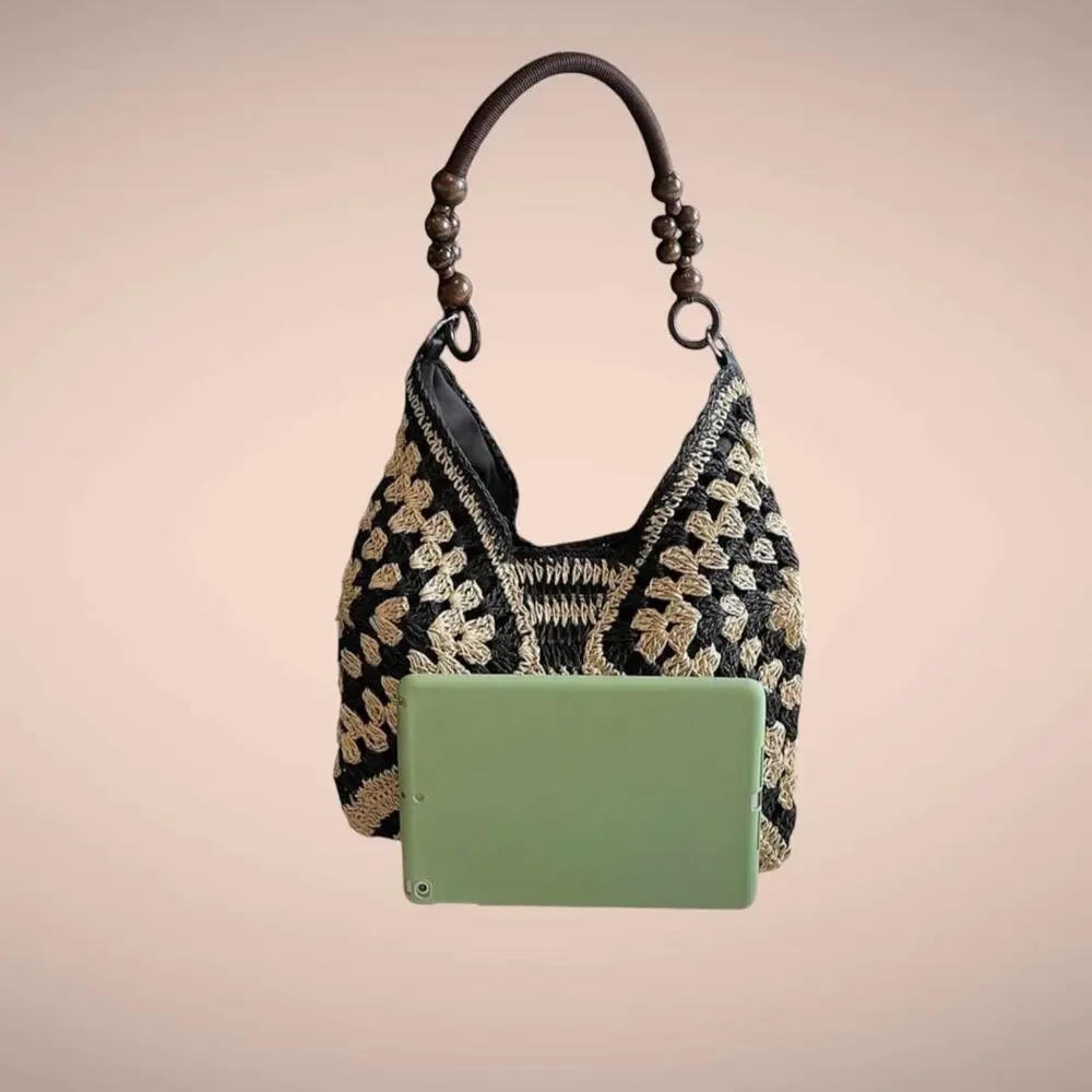 Revolve Boho Crochet Shoulder Bag Black Cream Wood Bead Handle Magnetic Closure - Picture 3 of 5